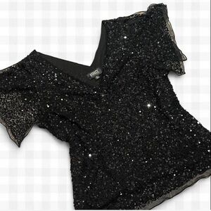 Adrianna Papell Boutique Black Sequin V-Neck Top- 1X